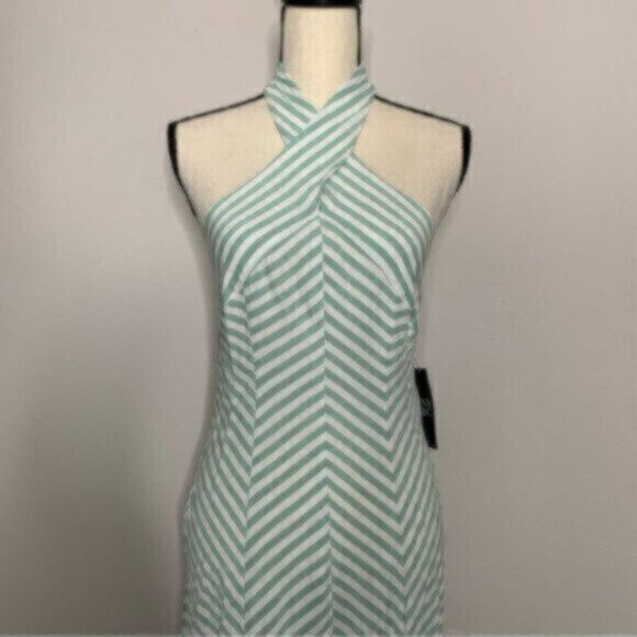 NWT New York & Company Sea Green & White Striped Halter Long Maxi Dress - Picture 8 of 14